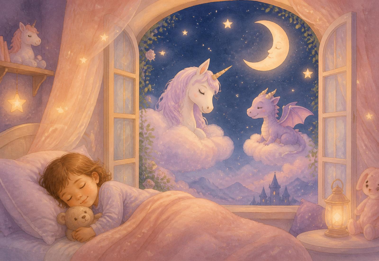 A child asleep as a unicorn and a friendly dragon drift past the window on clouds